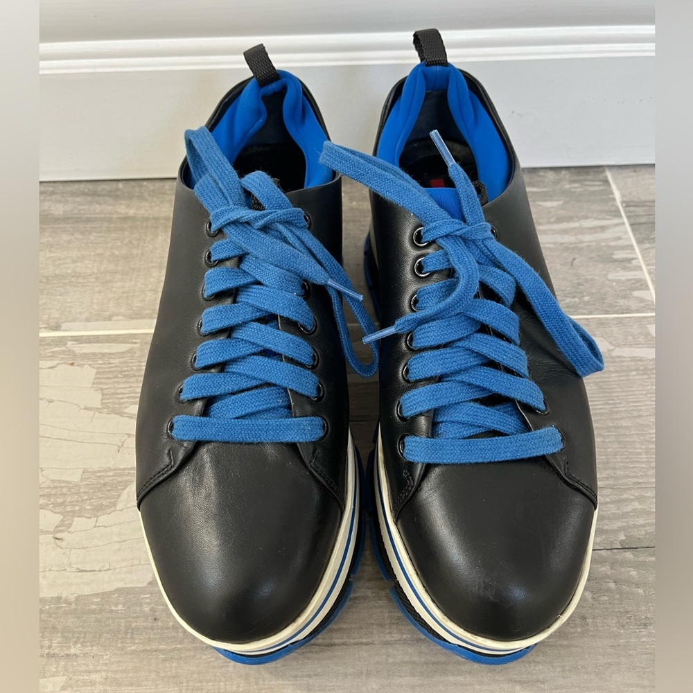 Prada Women’s Platform Leather Black Blue Sneakers. Size 37